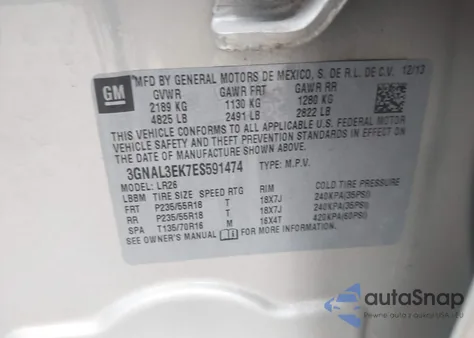 2014 Chevrolet Captiva Sport Lt z USA, uszkodzony, nr VIN 3GNAL3EK7ES591474